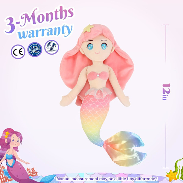 Havfrue prinsesse bamse blødt kramme bamse plys legetøj dukke fødselsdag børnedag jul til småbørn piger, pink, 15,5''
