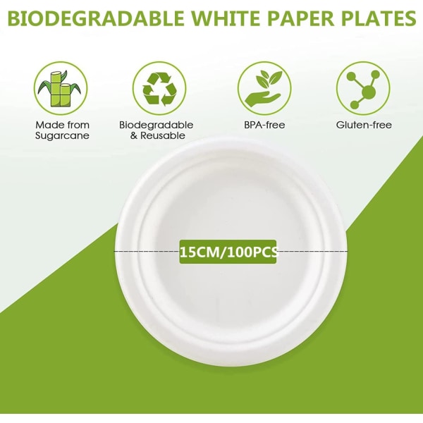Förpackning med 100 vita papperstallrikar, ? 18 cm, 100 % biologiskt nedbrytbara och komposterbara, miljövänliga engångstallrikar (18 cm/100 st)