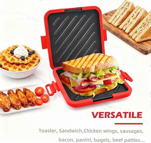 Mikrovågsugn smörgåsmaskin och panini-press för snabb matlagning, diskmaskinssäker grill, röd