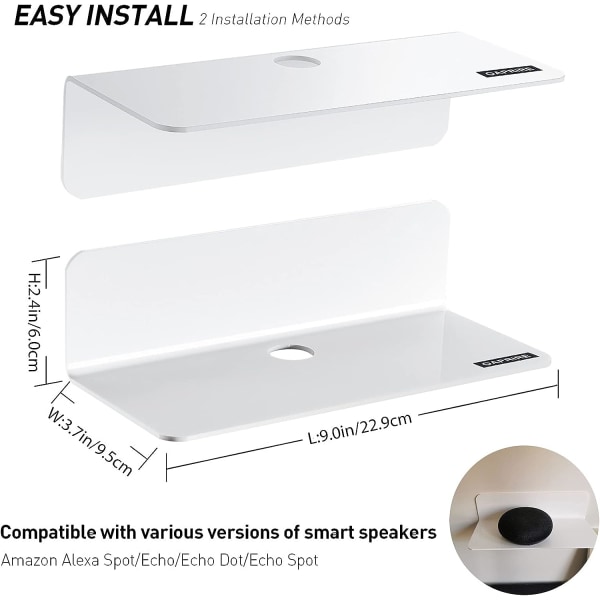 Vit vägghylla set med 2, utökar enkelt väggutrymmet - 9 tum No Drill Akrylhylla för sovrum, badrum, kök, med 4 kabelklämmor