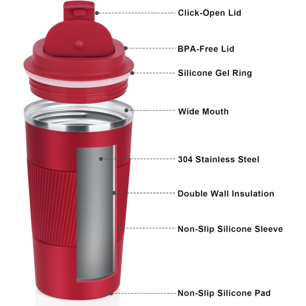 Kaffemugg 17oz - Isolerad kafferesemugg Spillsäker med läckagesäkert lock Vakuum termos kaffetumlare i rostfritt stål