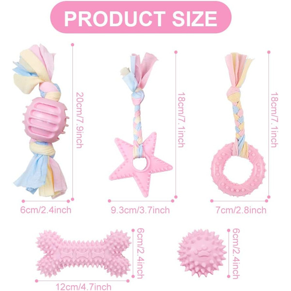 Hunde legetøj reb med bold, 5 stykker hvalp tandpleje legetøj, tygge legetøj sæt til små/mellemstore hunde - pink (kæledyr legetøj)
