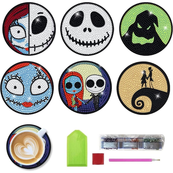 6 ST Diamond Painting Coasters Kit, DIY Cool Cartoon Jack Skull Diamond Art Coaster Sets för nybörjare Vuxna och barn Konsthantverkstillbehör