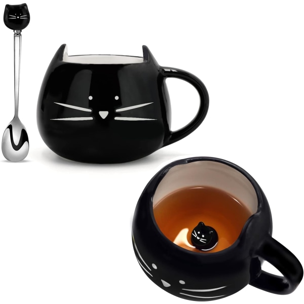 Søt keramisk kattekaffekopp 12 oz Katteelskere Kitty tekopper og 12 oz keramisk kopp med skje Gaver til kvinner Jenter Svart