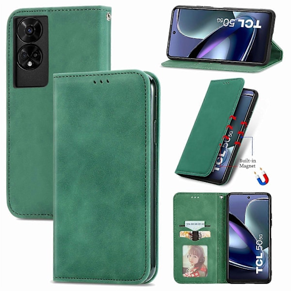 TCL 50 5G -puhelimen suojakuori, nahkajäljitelmä, korttipidike, magneettikiinnitys - Multicolor Green