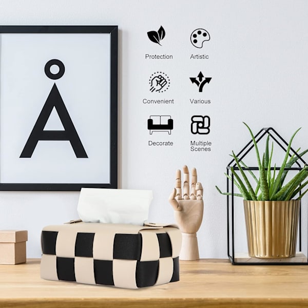 Servetthållare, rektangulär servetthållare, modern PU-läder, vardagsrum mode schackbräda, dekorativ hylla, badrum bänkskiva (beige)