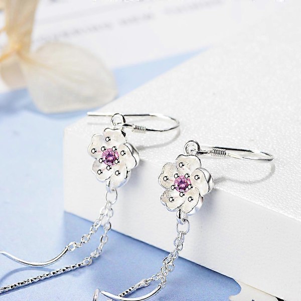 Sølvøreringer for kvinner, elegante glitrende Sakura dusk-dråpeøreringer sjarmerende dråpe sølvøreringer