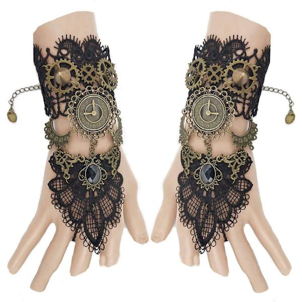 Fingerløse hansker Gotisk Blomsterblonde Steampunk Håndleddsrem Klokke Vintage Gear Hansker Brudesmykke Rhinestone Ringsett - 1 par