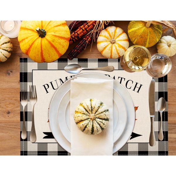 Pumpkin Patch Höst bordstabletter Set med 4, 12x18 tum Höst Thanksgiving Farmhouse Rustik Svart Pläd Säsongsfest Semester Utomhus Matbord