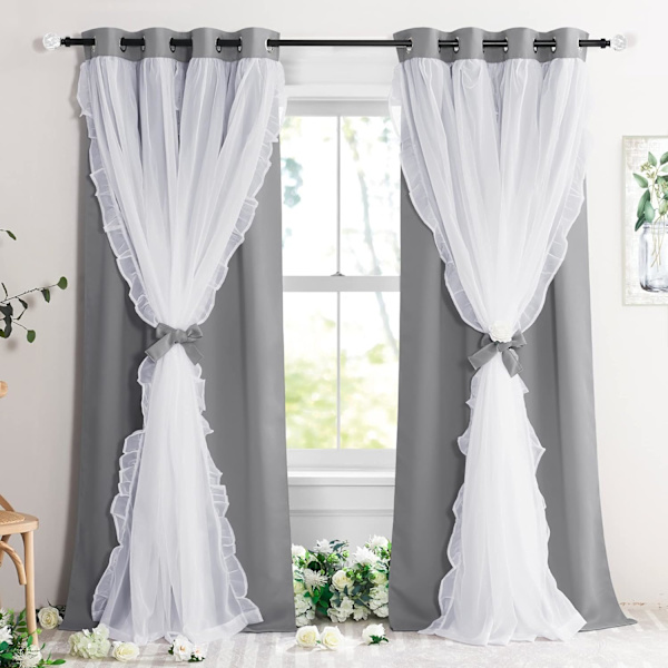 Sovrum Dubbel Plisserad Genomskinlig Täckt Band Upphängningsgardiner Topp, 132,08 cm B x 213,36 cm L, Silvergrå, Set om 2
