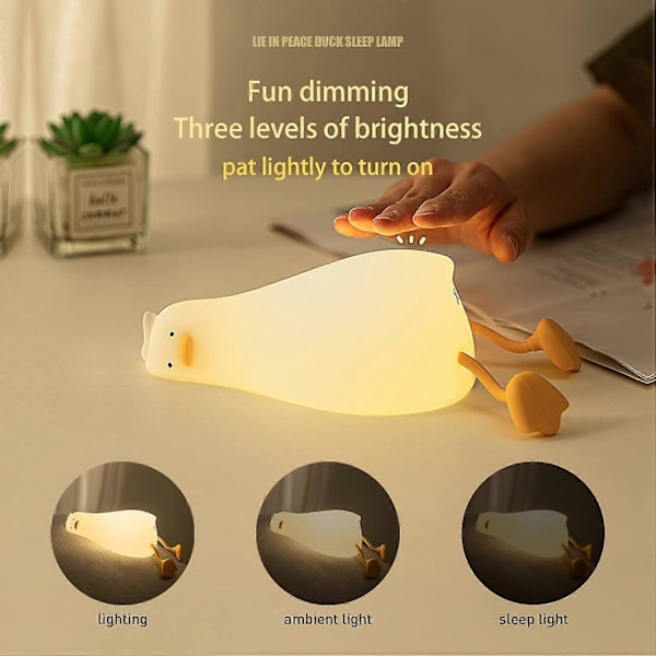 Liggende Flad And Natlampe, LED Squishy Andelampe, Sød Lysende And, Dæmpbar Natlampe i Silikone til Børneværelset