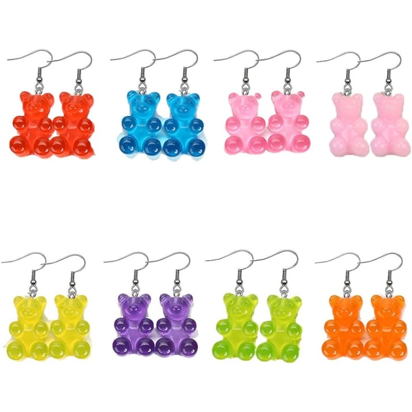 Heyone 8 par set färgglada harts Candy Gummy Bear Dangle örhängen present för kvinnor flickor