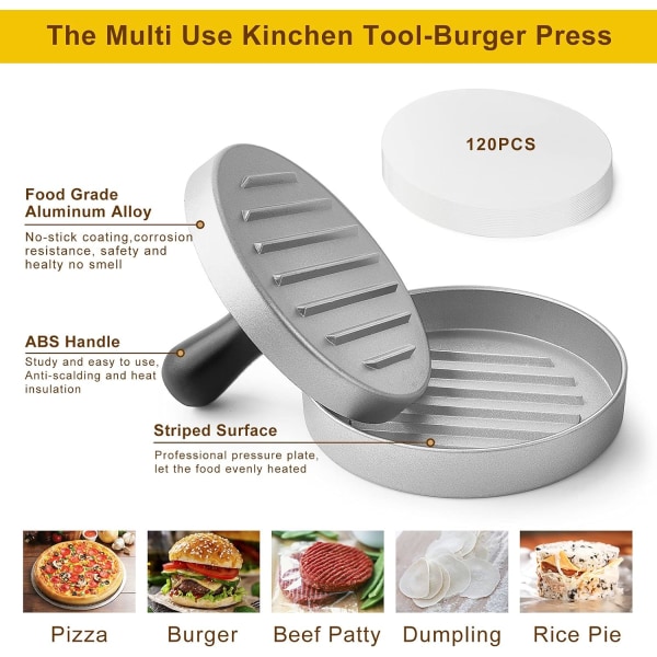 Aluminium Burgerpresse, Smash Hamburgerpresse, Non-Stick Burger Patty Maker Form til Fyldt Hakket Kød/Sliders/Pølse/Veggie/Laks Patty BBQ