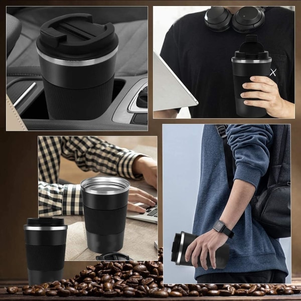 Kaffemugg 12oz - Isolerad kafferesemugg Spillsäker med läckagesäkert lock Vakuum termos kaffetumlare i rostfritt stål