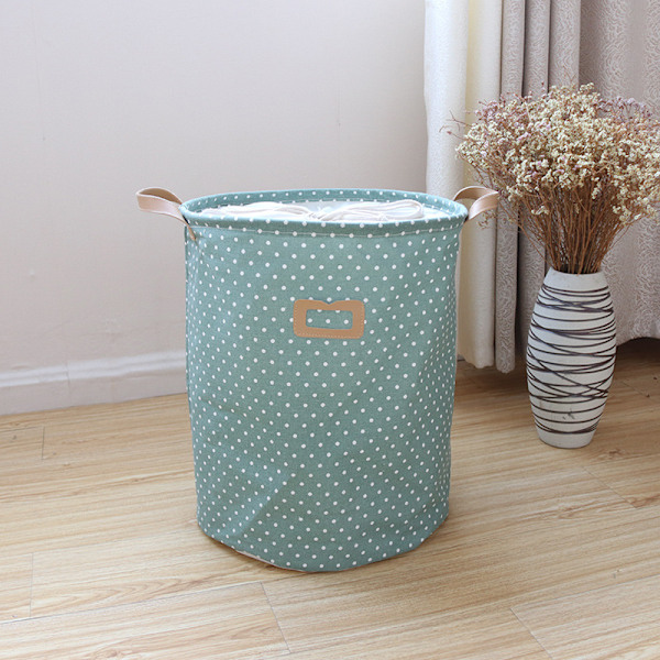 Tykke sammenleggbare runde oppbevaringskurver for klesvask, bomull Green dot PU frame 35*45cm
