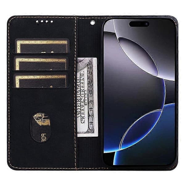 For iPhone 14 Pro Case Lines Pattern Wallet Leather Phone Cover with Strap (Black)
