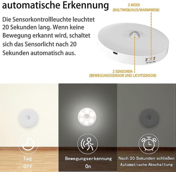 LED nattlys med bevegelsessensor, 3-pakning nattlys bevegelsessensor, USB oppladbart LED sensor nattlys, varmhvitt 2 moduser bevegelsessensorlys