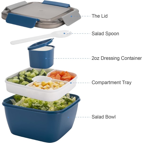 Salat Lunsj Bokser To Go, Salatboller med 3 Rom, Salat Tupperware for Salat Toppings