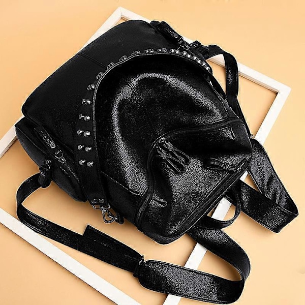 Damryggsäck Väska PU Läder Anti-Stöld Handväskor Casual Axelväska Dammode Nitar Design Satchel Väskor Svart