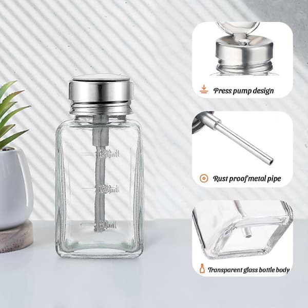 180 ml glas push-down pumpe neglelakfjernerflaske med metal flip-låg til acetone