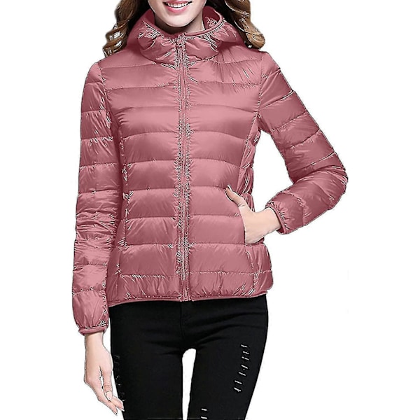 Lättvikts Dunjacka med Huva för Dam, Packbar Vadderad Jacka, Ultralätt Kort Dunjacka med Förvaringsväska från GuanGuan H-pink X-Large