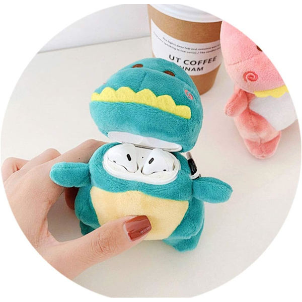 Søt plysj fluffy blå dinosaur etui dyrefigur kompatibel med Airpods1 og Airpod2 tegneserie hodetelefondeksel med nøkkelringklips