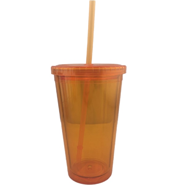 Double Wall Mug With Straw, Plastic Mug, Reusable Iced Coffee Mug, Clear Mug - Orange