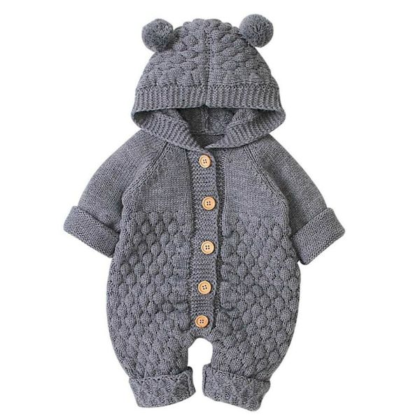 Nyfødt Baby Boy Girl Bear Ear Strikket Romper Jumpsuit Hættetrøje Outfit Sæt （6-12Monate）