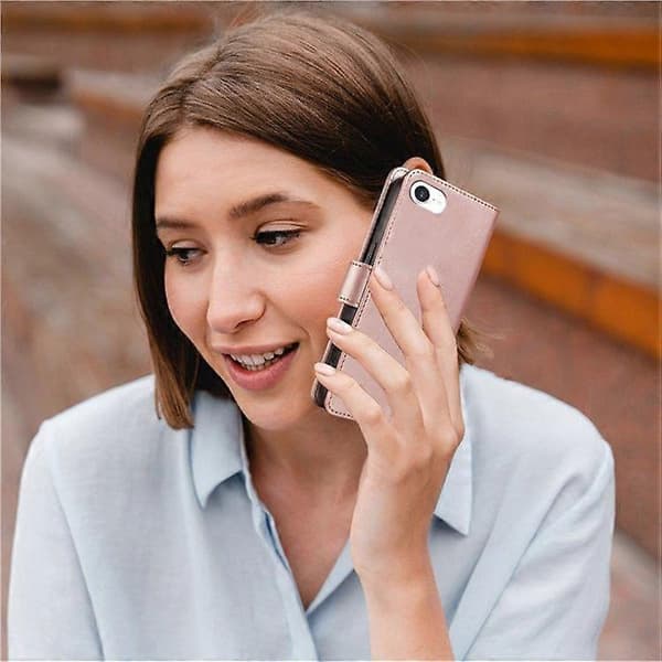 Læderpung-etui med håndledsrem til iPhone 16e (rosaguld)