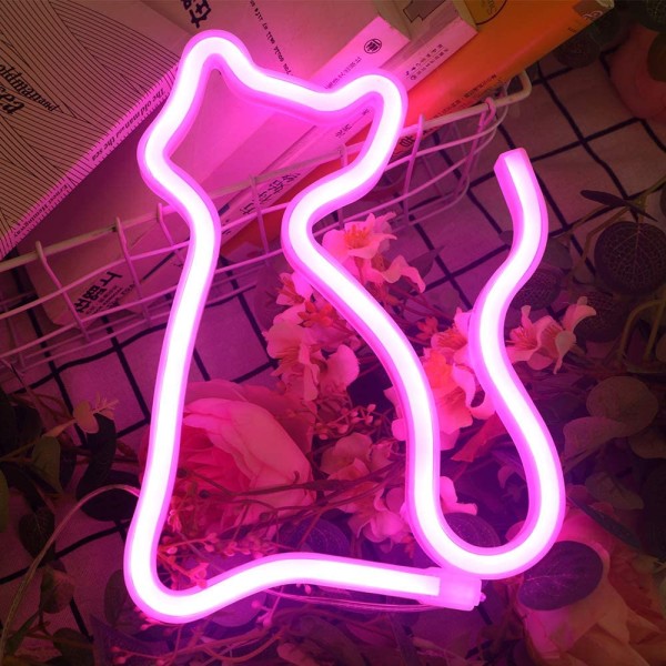 Led-neonvalot seinäkoristeluun, USB- tai paristokäyttöiset, yövalot, lamput, taidekoristelu, seinäkoristelu, pöytävalaisimet - Kissa - Vaaleanpunainen