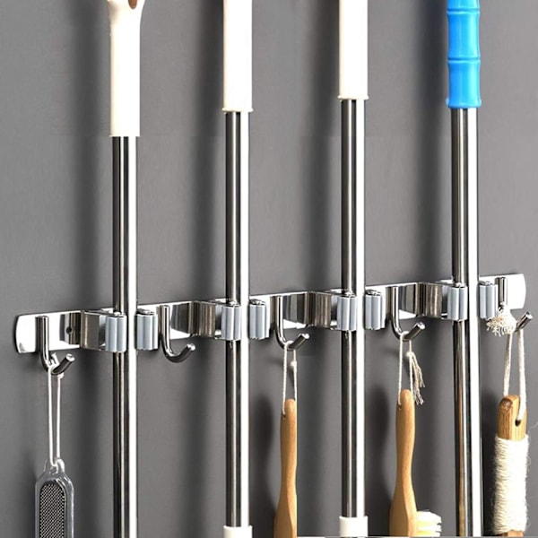 Vægfejeblad - Rustfrit stål fejebladsholder, opbevaringsophængsholder til køkken, garage, vaskerum (4 placeringer og 5 kroge)
