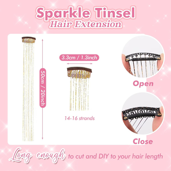 Clip-in hår tinsel-sæt, pakke med 6 stk. glitter fe-tinsel hårforlængelser 20 tommer skinnende hår tinsel varmebestandig (guld)