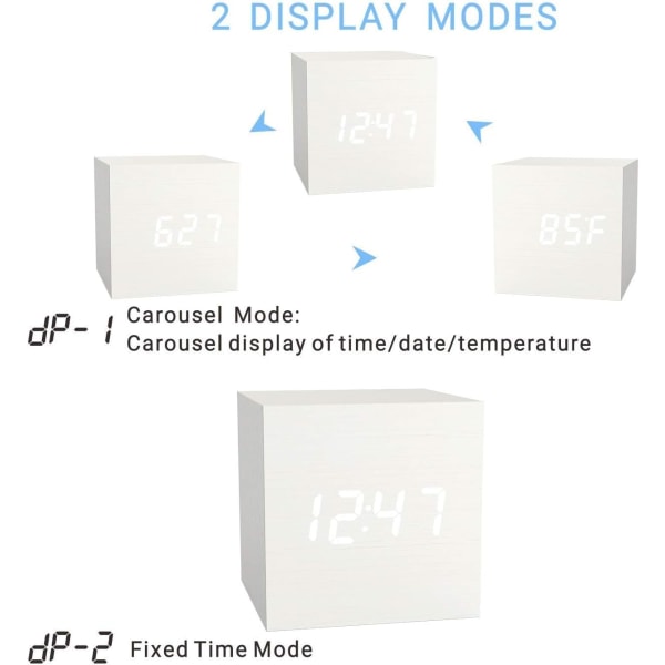Digitaalinen herätyskello valkoinen, LED-valo mini moderni kuutio pöytäherätyskello näyttää ajan päivämäärän lämpötilan