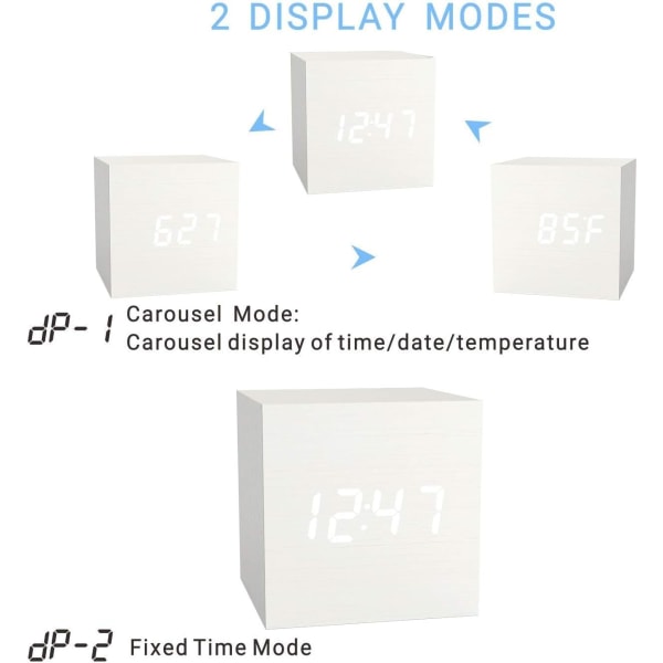 Digital vekkerklokke hvit, LED-lys mini moderne kube skrivebordsvekkerklokke som viser tid dato temperatur