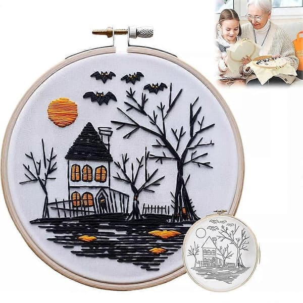 Halloween Broderikit, DIY Stemplet Korssting Kit Gotisk Broderidekor