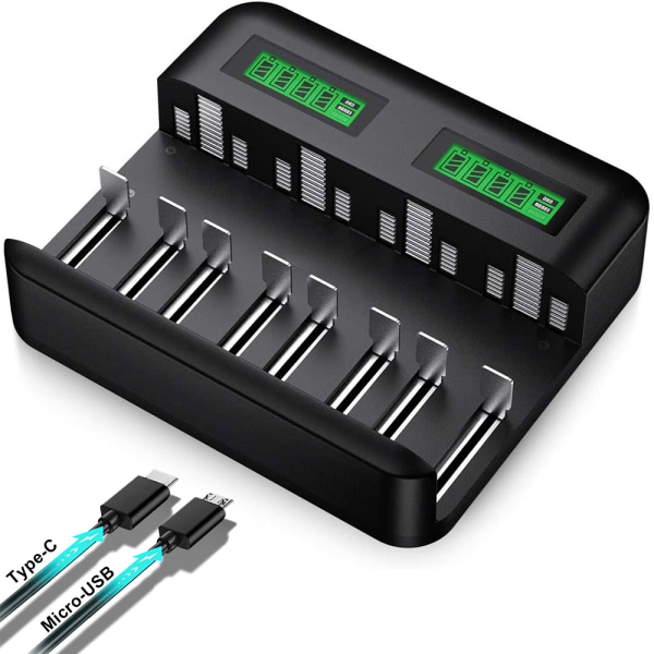 LCD Universal Batterioplader - 8 Bay AA /AAA /C /D Batterioplader til Genopladelige Batterier med 2A USB-port