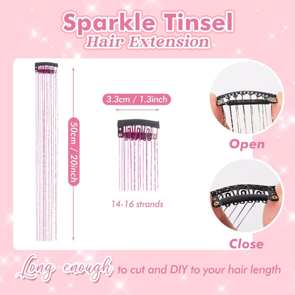 Clip in Hair Tinsel Kit, Pack med 6 st Glitter Fairy Tinsel Hair Extensions 21 tum Glansigt Hair Tinsel Varmebestandigt (Rose Red)