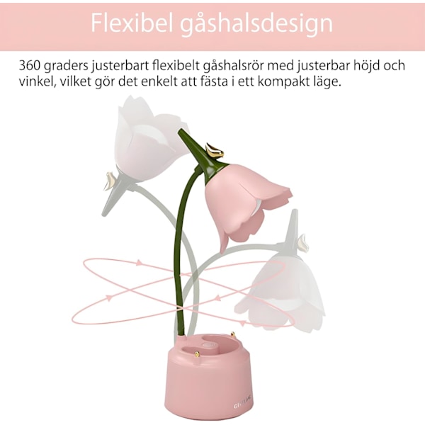 Sød LED Bordlampe Kawaii Skrivebordstilbehør, Blomst og Fugl Skrivebordslampe USB Genopladelig, 3 Farvetilstande [Klasse A Energi] Pink