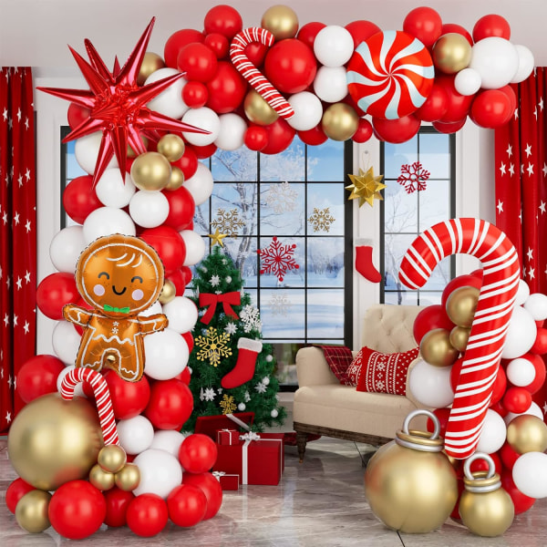 Christmas Balloon Garland Arch Kit Jullovsballonger med röda vita gyllene ballonger Godisfolieballonger Candy Cane Ballonger Röd Starburst