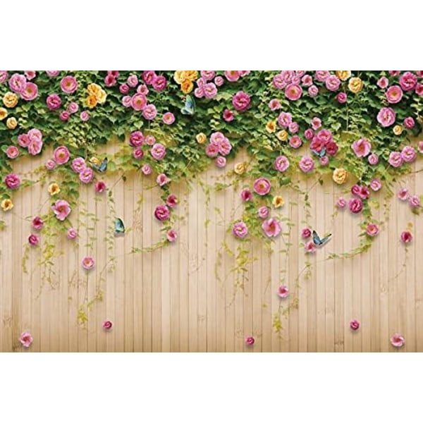 7x5ft Rose Wall Bakgrund för fotografering Man Kvinna Porträtt Rosa blommor Gul Trävägg Fotografi Bakgrund Mors dag Alla hjärtans dag Bröllop