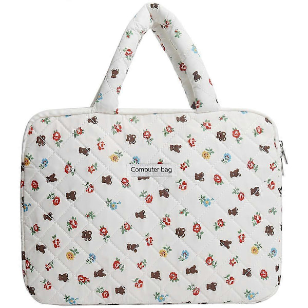 Blommig björn tryckt vadderat bärbart datorfodral 15 tum estetisk bärplatta fodral söt fodral preppy kontorstillbehör (med handtag, 15 tum)