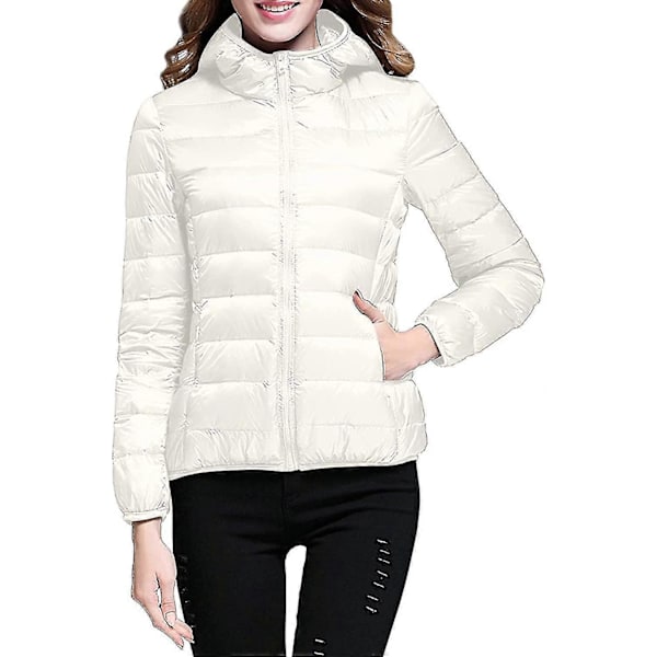Lättvikts Dunjacka med Huva för Dam, Packbar Vadderad Jacka, Ultralätt Kort Dunjacka med Förvaringsväska från GuanGuan L-white X-Large