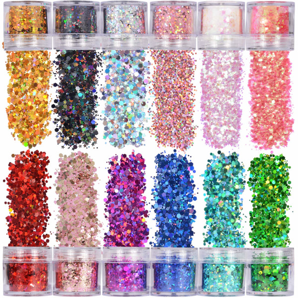 Holographic Glitter 12 Colours, 120G Face Body Eyes Hair Chunky Different Sizes, Stars And Hexagonal Shapes