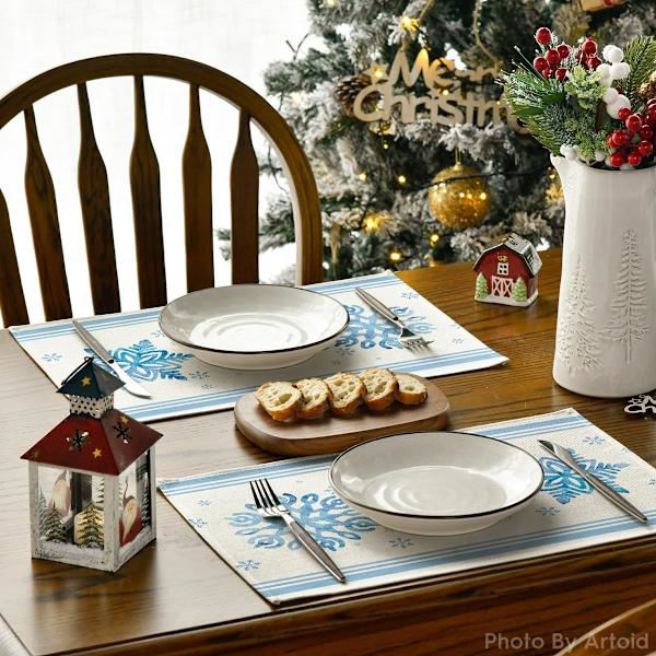 Snöflingor Randiga Bårder Vinter Placemats Set om 4, 12x18 Tum Jul Semester Bordsmattor för Fest Kök Mat Dekoration