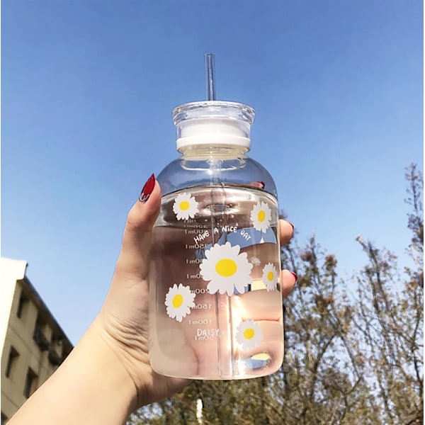 480 ml söt vattenflaska med mjölkjuice med skala 2 lock små prästkragar matt bärbar transparent vattenkopp glasflaskor (transparent 1 blomma)