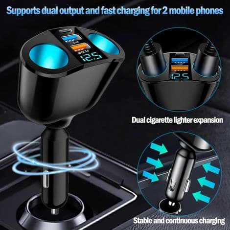 Dual 12V Cigarette Lighter Socket, 120W Dual Cigarette Lighter, Cigarette Lighter Socket with QC3.0/PD/2.4A, Car Charger.