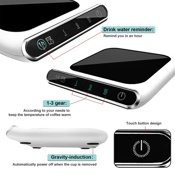 Kahvikupinlämmitin työpöydälle, 3-vaihteinen säädettävä lämpötila, kahvimukinlämmitin juomavesimuistutuksella, kotitoimistokäyttöön