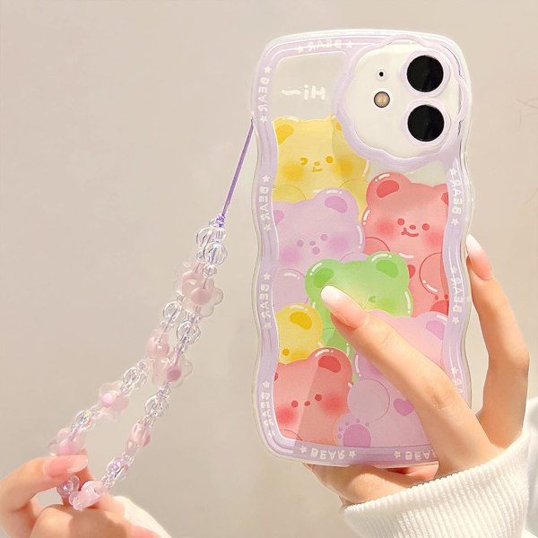 Kompatibel för iPhone 12 case, sött genomskinligt tecknat björndjur med blompärlbandsrem för kvinnor, flickor, mjuk TPU- lila björn