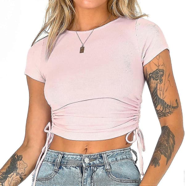 Crew Neck Short Sleeve Women's Top with Side Drawstring, Slim Fit, Stretchy and Cropped