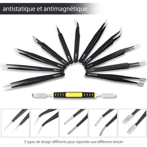 Set med 12 rostfria antistatiska precisionspincetter för elektronik, smycken, labb, ögonbryn och hår
